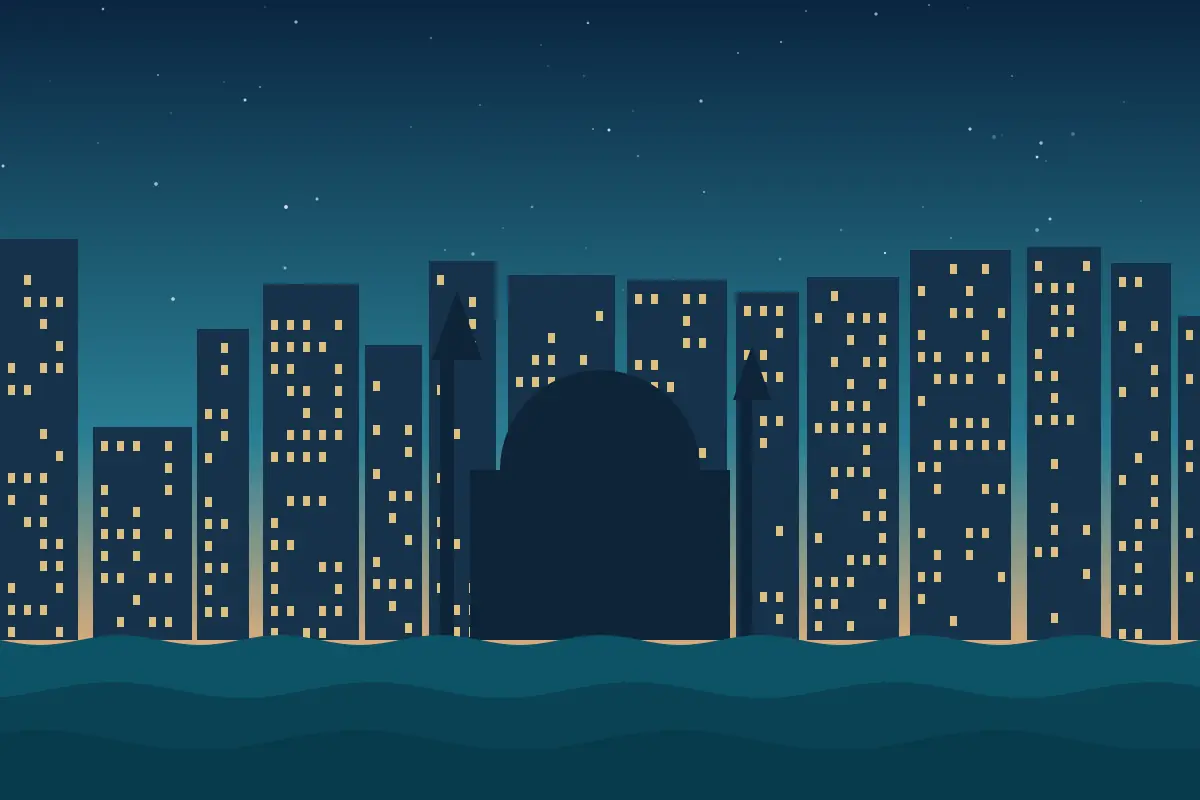 Stylised illustration of a modern city skyline with a mosque dome and minarets at dusk beside the sea